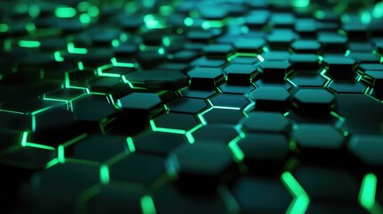 Futuristic hexagonal grid background showing data processing, connection, and abstract technology with glowing green light, symbolizing innovation and artificial intelligence in a digital landscape