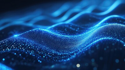 Blue particles creating a flowing, undulating surface, representing concepts of big data, artificial intelligence, network connectivity, and information technology
