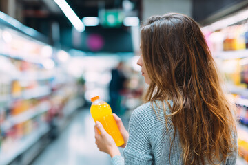 back view of young woman looking at bottle of juice in grocery store