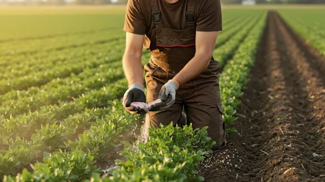 Farmer sifting soil through gloved hands in a green field at sunset. Agronomist checking crop quality and fertilizer. Sustainable agriculture concept