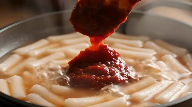 Adding Gochujang red chili paste to boiling Tteokbokki rice cakes in pan