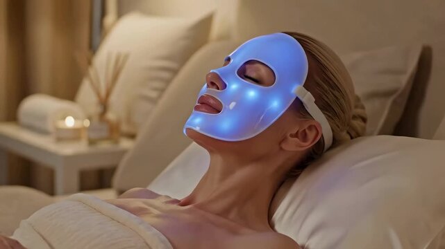 Woman Relaxing with Blue LED Light Therapy Mask for Skincare in Spa Salon