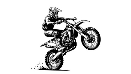 Motocross Rider Performing Wheelie Stunt – Extreme Dirt Bike Action Silhouette Illustration © rukaia