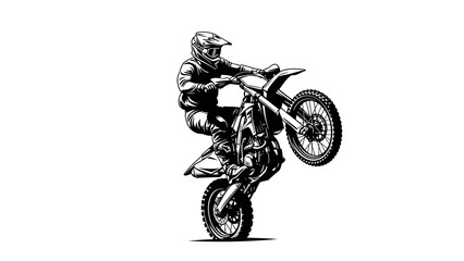Motocross Rider Performing Wheelie Stunt – Extreme Dirt Bike Action Silhouette Illustration © rukaia