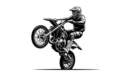 Motocross Rider Performing Wheelie Stunt – Extreme Dirt Bike Action Silhouette Illustration © rukaia