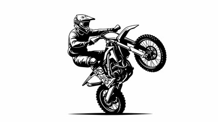 Motocross Rider Performing Wheelie Stunt – Extreme Dirt Bike Action Silhouette Illustration © rukaia