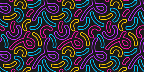 Doodle colorful neon line seamless pattern. Playful creative outline geometric vector illustration. Hand drawn. Trendy abstract graphic design. Pink, yellow, blue, purple. Festive holiday pattern.