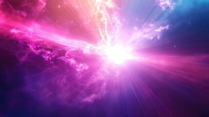 Vibrant cosmic light burst radiates ethereal purple, pink and blue clouds, forming a dynamic, abstract nebula backdrop suggesting creation, expansion, and futuristic sci fi energy and motion