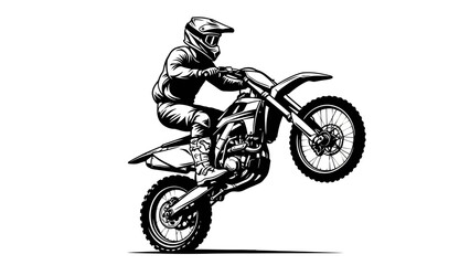 Motocross Rider Performing Wheelie Stunt – Extreme Dirt Bike Action Silhouette Illustration © rukaia