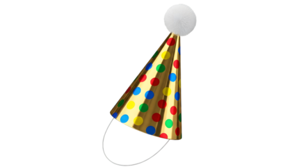A colorful party hat with a shiny surface and multicolored polka dots on a black background
