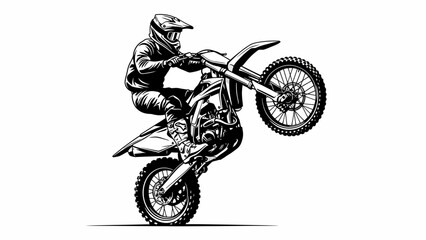 Motocross Rider Performing Wheelie Stunt – Extreme Dirt Bike Action Silhouette Illustration © rukaia