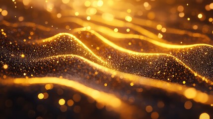 Golden glittering particles creating dynamic, flowing waves with soft bokeh lights, representing concepts of luxury, awards, digital data streams, and abstract celebration