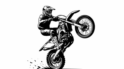 Motocross Rider Performing Wheelie Stunt – Extreme Dirt Bike Action Silhouette Illustration © rukaia