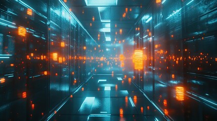 Stream of glowing orange data packets moving rapidly through a dark, high tech server room with blue neon light accents, representing modern information exchange and processing