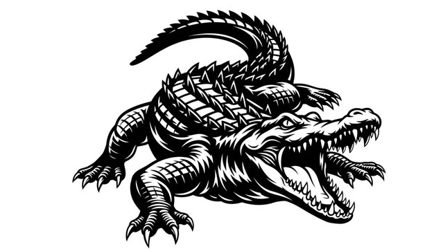 Ferocious Crocodile Alligator Illustration &ndash; Wild Reptile Predator Black Ink Artwork
