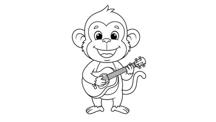 Obraz premium Cute Cartoon Monkey Playing Guitar Line Art – Smiling Animal Music Outline Illustration