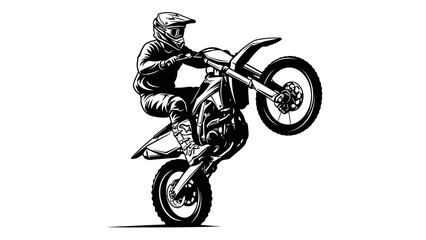 Motocross Rider Performing Wheelie Stunt – Extreme Dirt Bike Action Silhouette Illustration © rukaia