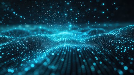 Abstract digital wave of glowing blue particles flowing across a dark background, representing interconnected networks, data stream, and advanced technology concepts