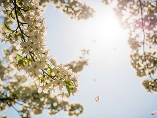 Obraz premium A beautiful spring day as white blossoms are backlit by the bright sun in a clear blue sky