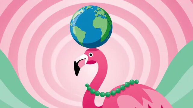 Vibrant Illustration of Flamingo Balancing Globe on Bead Necklace in Surreal Landscape