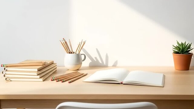 Minimalist Workspace with Books Pencils and Plant on Wooden Desk.