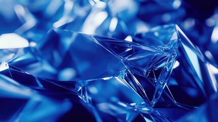Abstract blue crystal structure displaying shimmering light refractions and faceted surfaces, forming an intricate, complex texture suitable for modern design and technological concepts