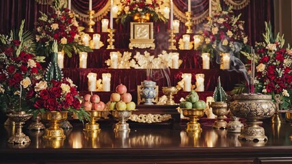 Many candles, fresh flowers, traditional offerings, and gilded ornaments decorate an ornate ceremonial altar, representing remembrance or memorial for funeral services.