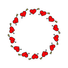 Cute round frame with doodle Valentine pierced hearts with arrows isolated on white background.