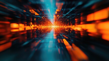Abstract digital tunnel of glowing orange and blue light particles streaming through a grid, visualizing high speed data transfer, network connectivity and futuristic cyberspace energy