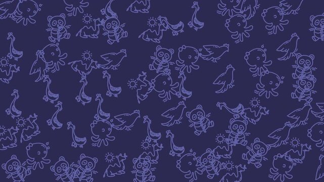 Seamless dinosaur doodle pattern panning animation on purple background.