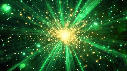 Obraz premium Abstract background showing bright yellow dots radiating outward with dynamic green lines and shimmering particles, symbolizing energy, speed, technology, and connection