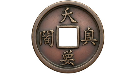 Ancient chinese coin with intricate designs and characters