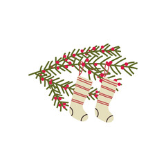 Minimalist flat vector of sustainable Christmas tree with cozy handmade socks, eco green Christmas design.