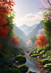 Serene Japanese Landscape with Misty Mountains and Cherry Blossoms