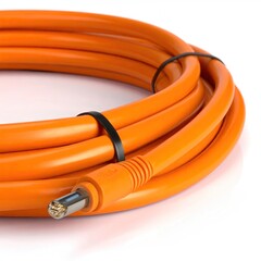 Bright orange cable coiled, held by a black tie, connector detail