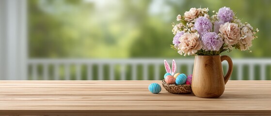 Colorful easter eggs and bunny ears on a wooden table with flowers in a garden perfect for spring promotions and online store advertising