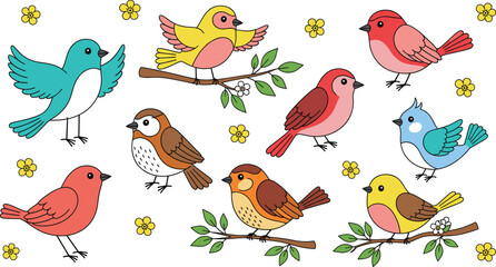 Cute Colorful Spring Birds Vector Collection Perched on Branches with Yellow Flowers and Green Leaves for Decoration and Kids' Design