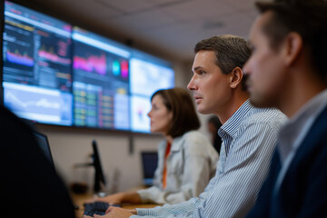 In a bustling trading floor, professionals analyze data on large screens, making quick decisions in a fast-paced stock market environment, emphasizing concentration and teamwork.