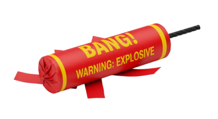 A red cylindrical toy dynamite with yellow text and black fuse