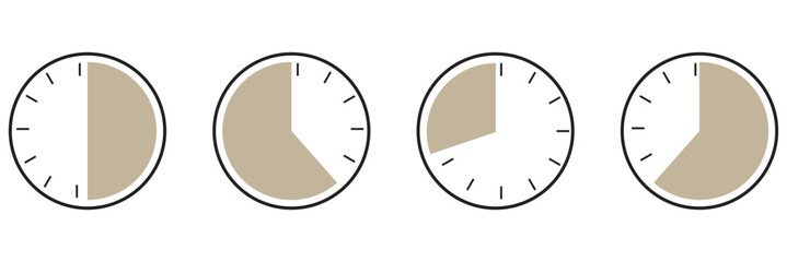 Set of round clocks faces, stopwatch with different time. Clock hands icons.Time simple graphic circle sign, symbol. Watch face illustration. Noon, morning, evening time watch patterns. Hour icon