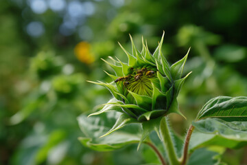 Close-up of a sunflower bud with bees buzzing around, capturing the vibrant energy of a garden, showcasing nature's synergy and the anticipation of blooming flowers.