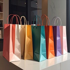 Vibrant assortment of shopping bags, diverse colors, lined up on a counter