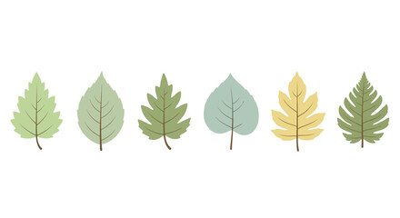 A vibrant arrangement of six colorful leaves in various shades of green and yellow on a clean white background, showcasing nature's beauty through digital illustration.