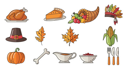 thanksgiving flat lay icons including turkey, pie, cornucopia, pilgrim hat, pumpkin, leaves, dog bone, gravy, cranberry sauce, corn on the cob, fork, knife, spoon on white background