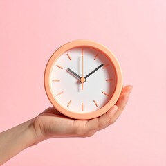 Hand holding a peach-colored clock against a soft pink background