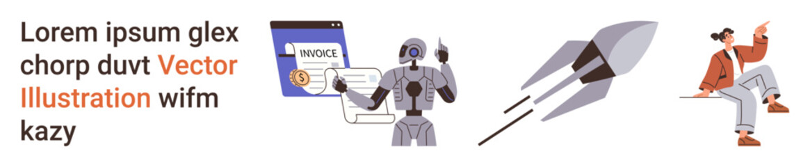 Artificial intelligence, digital finance, technological progress, automation, space exploration, innovation. Robot with invoice, rocket and person on chair. AI and digital finance visualization