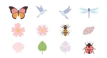a colorful illustration of various insects and flowers on white background with leaves and petals
