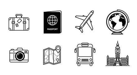 Travel icons including luggage, passport, airplane, globe, camera, map, bus, and rocket on white background