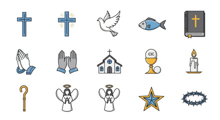 a collection of christian religious icons and symbols on white background