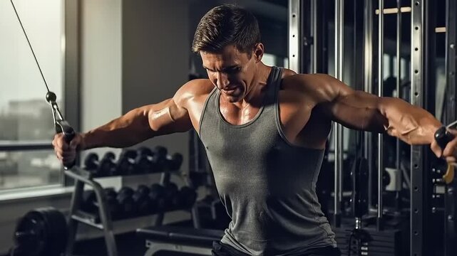 Muscular Man Engaged in Intense Cable Crossover Exercise at the Gym.
